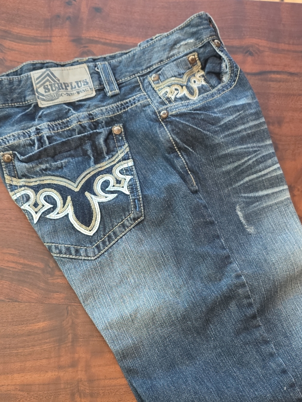 Surplus Men’s Straight Jeans in Washed Blue with Embroidered Pockets